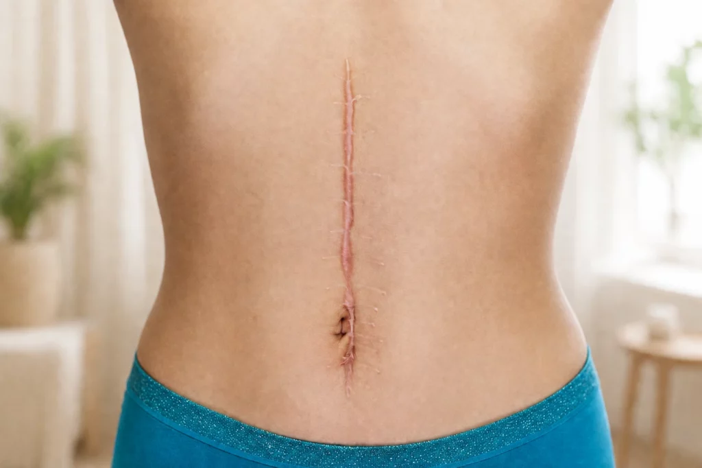 Operationsnarbe am Bauch mit sichtbarer Narbenlinie, mögliche Spannungen im Gewebe, Narbenentstörung in Wien und Niederösterreich